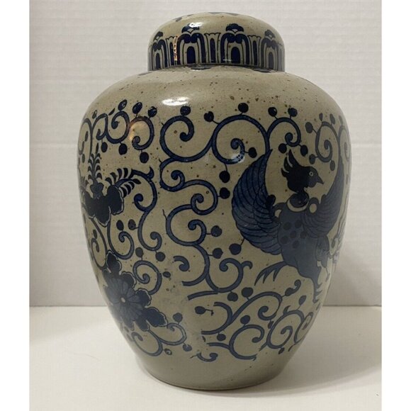 Vintage Cobalt Blue Gray Porcelain Ginger Jar Lid Phoenix Pattern 8" High - Picture 4 of 10